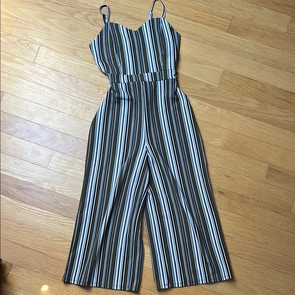 Olive Striped Jumpsuit with Adjustable Straps - Picture 1 of 11